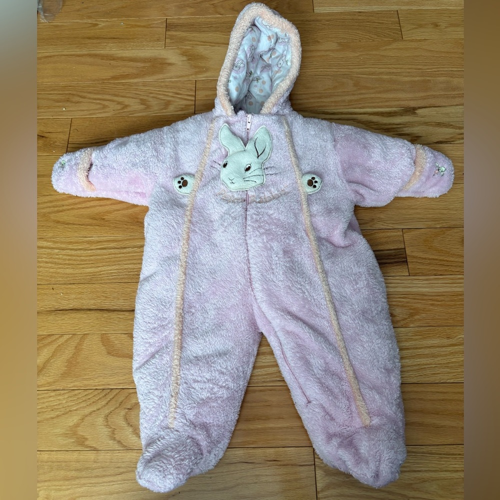 Peter Rabbit Seedlings Pink Fleece Snowsuit Bunny Hood 6M Baby Pram Suit